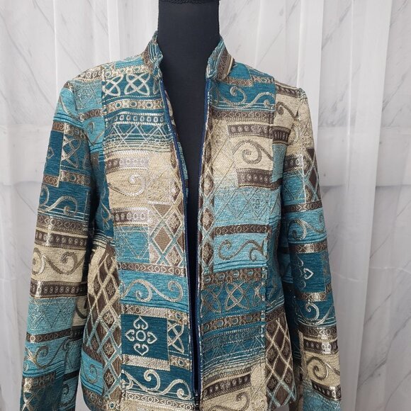 Dressbarn Jacket Blue Brown Embroidered Tapestry Patchwork Artsy Retro M - Picture 4 of 13